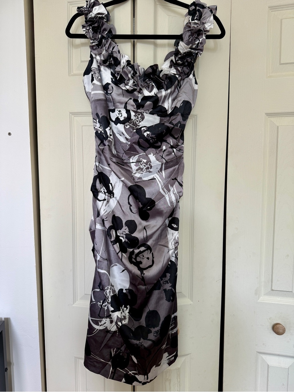 le chateau Black, Gray & White Floral Ruffled Midi Dress